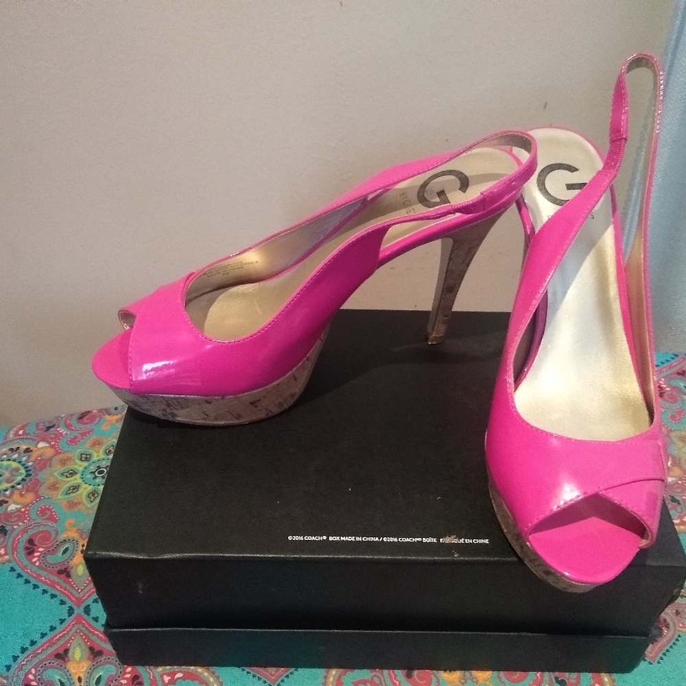 G by GUESS, Pink Patent,  Peep Toe, sling back platform shoes